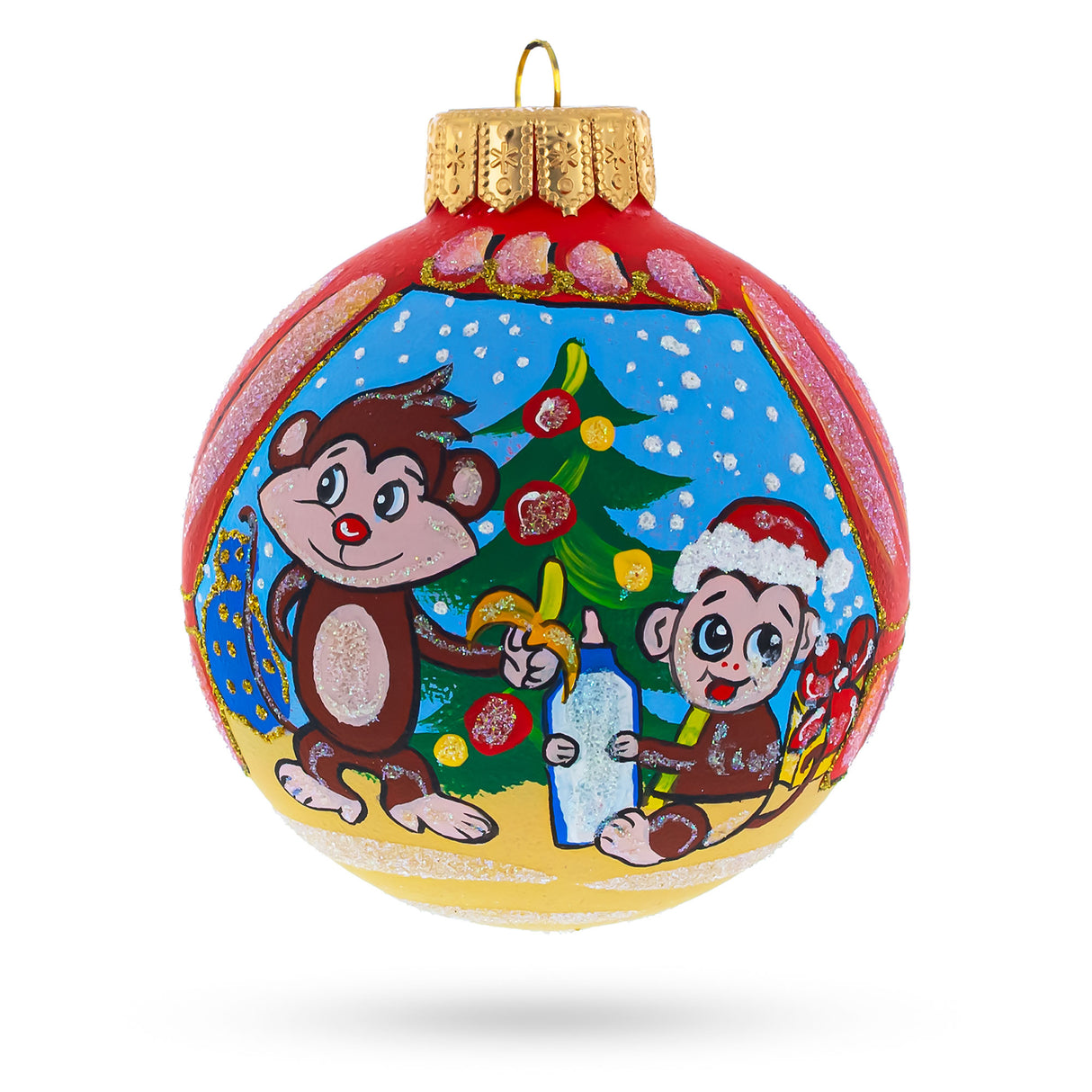 Heartwarming Monkey and Baby by Christmas Tree - Artisan Blown Glass Ball Christmas Ornament 4 Inches in Multi color, Round shape