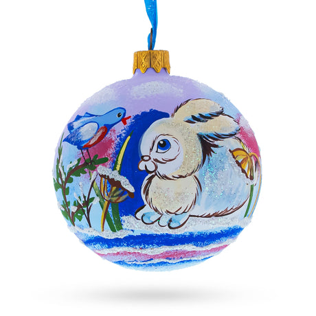 Charming Bunny Rabbit and Bird Whimsical Glass Ball Christmas Ornament  3.25 Inches in Multi color Round