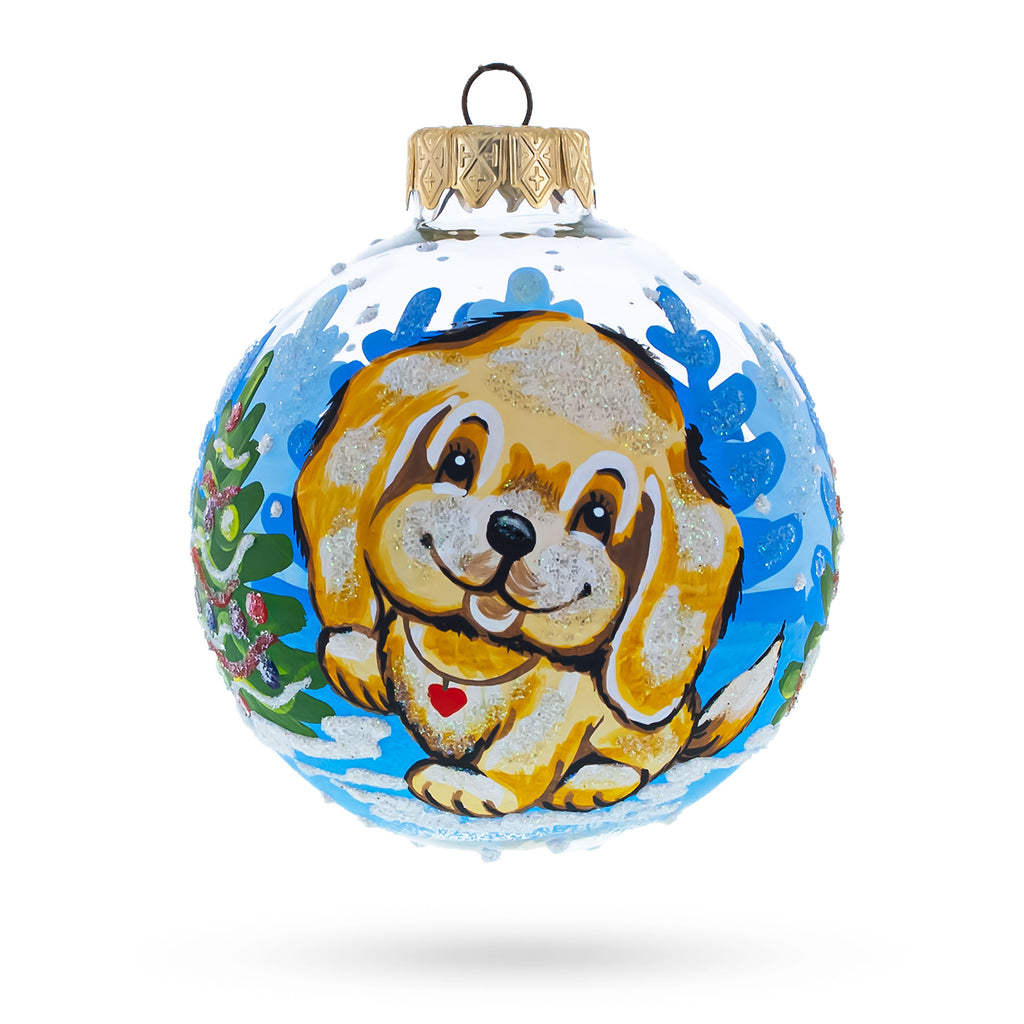 Adorable Golden Puppy Glass Ball Christmas Ornament 3.25 Inches in Multi color Round