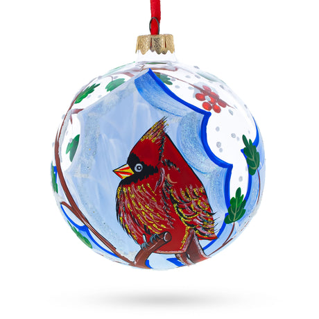 Frosty Winter Cardinal - Blown Glass Ball Christmas Ornament 4 Inches in Multi color, Round shape