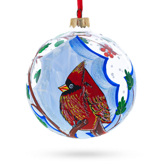 Frosty Winter Cardinal - Blown Glass Ball Christmas Ornament 4 Inches in Multi color, Round shape