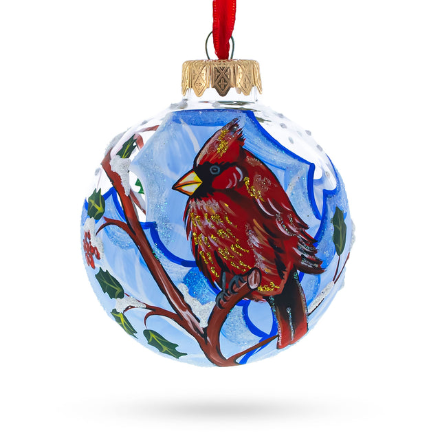 Frosty Winter Cardinal - Blown Glass Ball Christmas Ornament 3.25 Inches in Multi color, Round shape