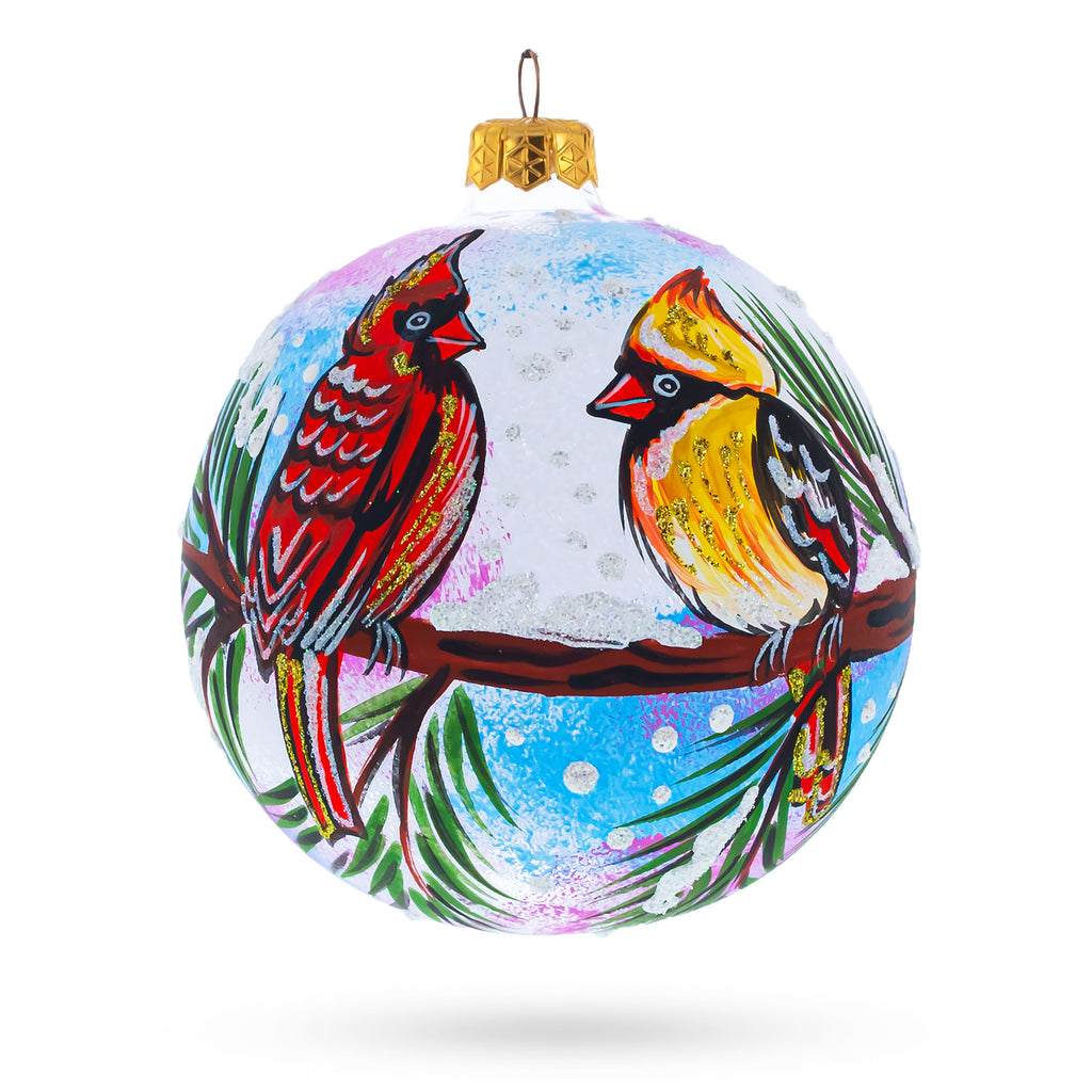 Cardinal Pair on Pine Branch Glass Ball Christmas Ornament 4 Inches in Multi color Round