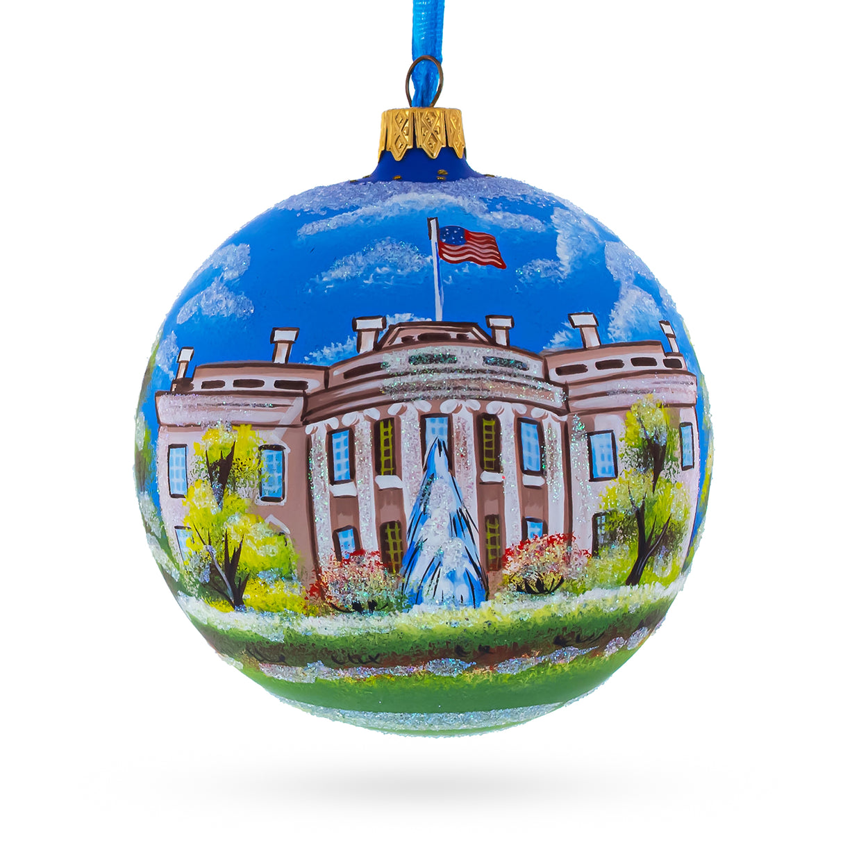 Glass Iconic Landmark: White House, Washington DC Blown Glass Ball Christmas Ornament 4 Inches in Multi color Round