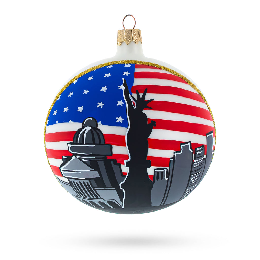 Statue of Liberty with USA Flag, New York City Glass Ball Christmas Ornament 4 Inches in Multi color Round