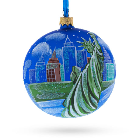 Glass Iconic New York: Statue of Liberty Blown Glass Ball Christmas Ornament 4 Inches in Blue color Round
