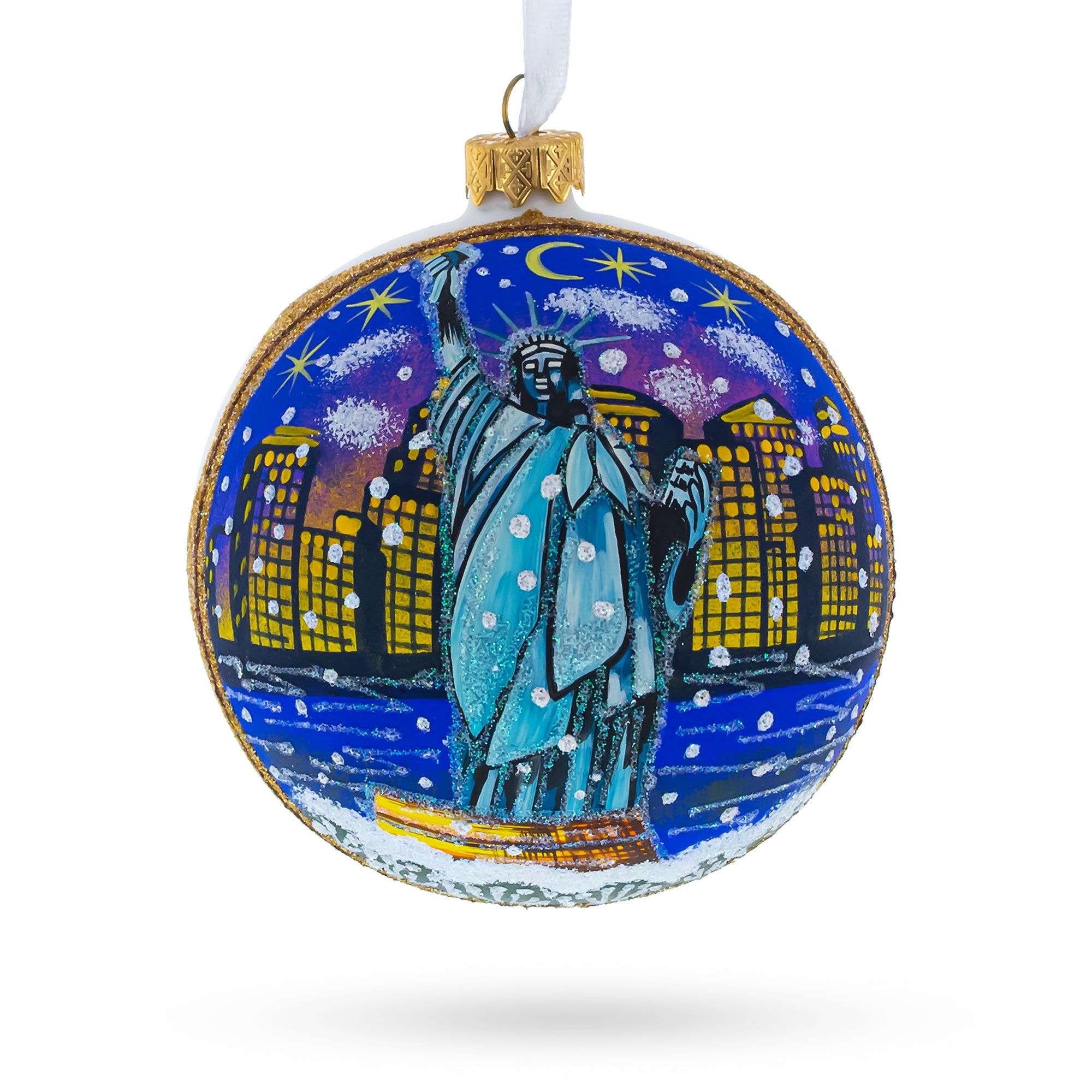 Statue of Liberty at Night, New York, USA Glass Ball Christmas Ornament 4 Inches in Multi color Round