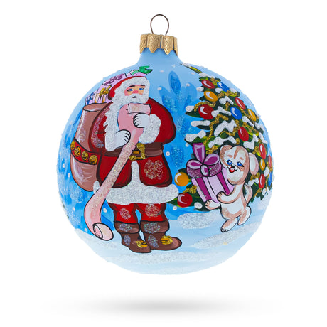 Santa's Gift List and Loyal Dog Glass Ball Christmas Ornament 4 Inches in Blue color Round