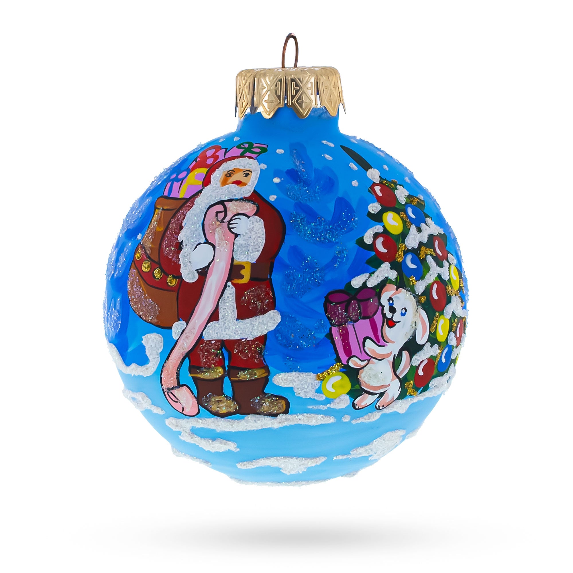Santa With Gift List And Bunny Glass Ball Christmas Ornament 3.25 Inches in Blue color Round