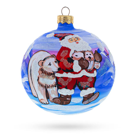 Glass Arctic Buddies: Santa and Polar Bear Festive Blown Glass Ball Christmas Ornament 4 Inches in Multi color Round