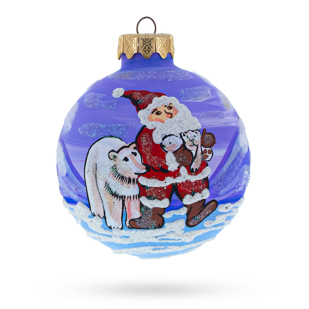Santa and Polar Bear Festive Glass Ball Christmas Ornament 3.25 Inches in Multi color Round