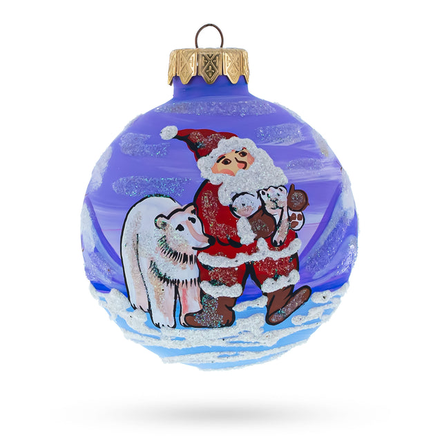 Glass Arctic Buddies: Santa and Polar Bear Festive Blown Glass Ball Christmas Ornament 3.25 Inches in Multi color Round