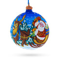 Santa in Sleigh with Reindeer Glass Ball Christmas Ornament 4 Inches in Multi color Round