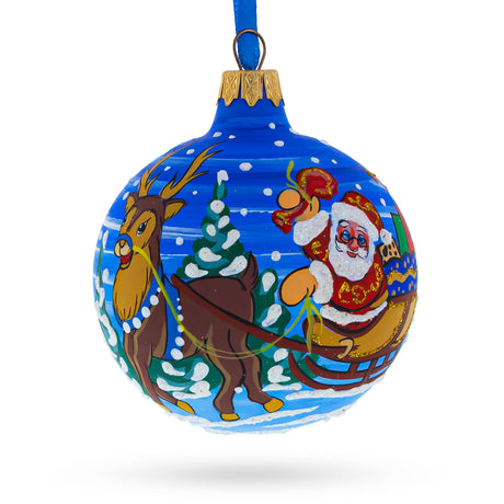 Santa in the Woods Glass Ball Christmas Ornament 3.25 Inches in Multi color Round