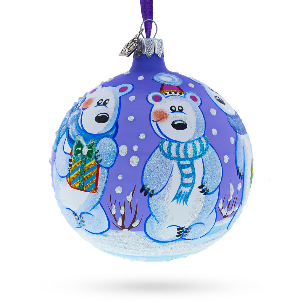 Three Polar Bears Glass Ball Christmas Ornament 4 Inches in Purple color Round