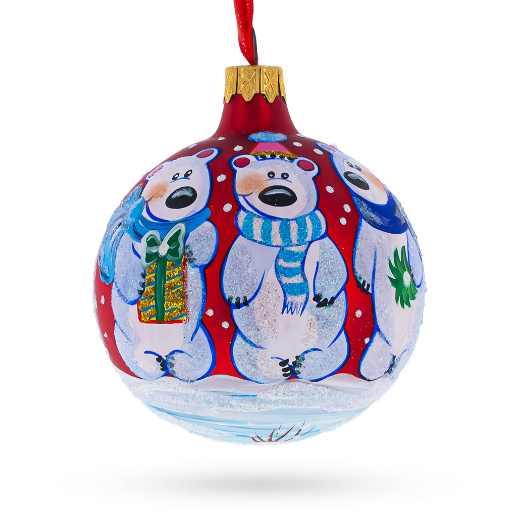 Three Polar Bears Glass Ball Christmas Ornament 3.25 Inches in Red color Round