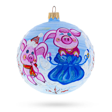Winter Delight: Two Pigs with Gifts Blown Glass Ball Christmas Ornament 4 Inches in Blue color, Round shape