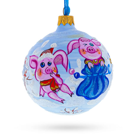 Glass Winter Delight: Two Pigs with Gifts Blown Glass Ball Christmas Ornament 3.25 Inches in Blue color Round