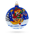Bear Skiing with Snowman and USA Flag Glass Ball Christmas Ornament 4 Inches in Blue color Round
