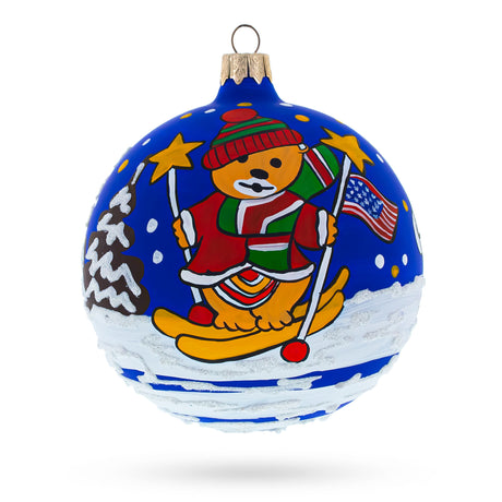 Bear Skiing with Snowman and USA Flag Glass Ball Christmas Ornament 4 Inches in Blue color Round