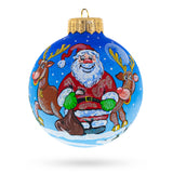Santa and Reindeer Festive Glass Ball Christmas Ornament 4 Inches in Blue color Round