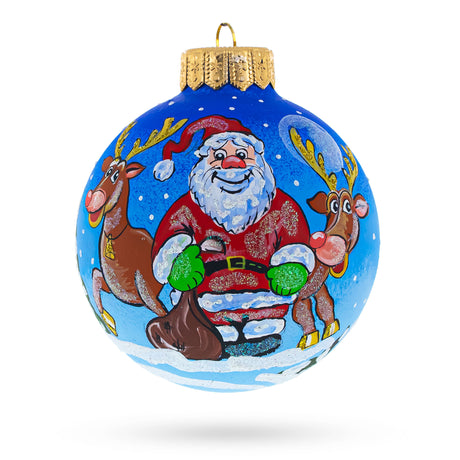 Santa and Reindeer Festive Glass Ball Christmas Ornament 4 Inches in Blue color Round
