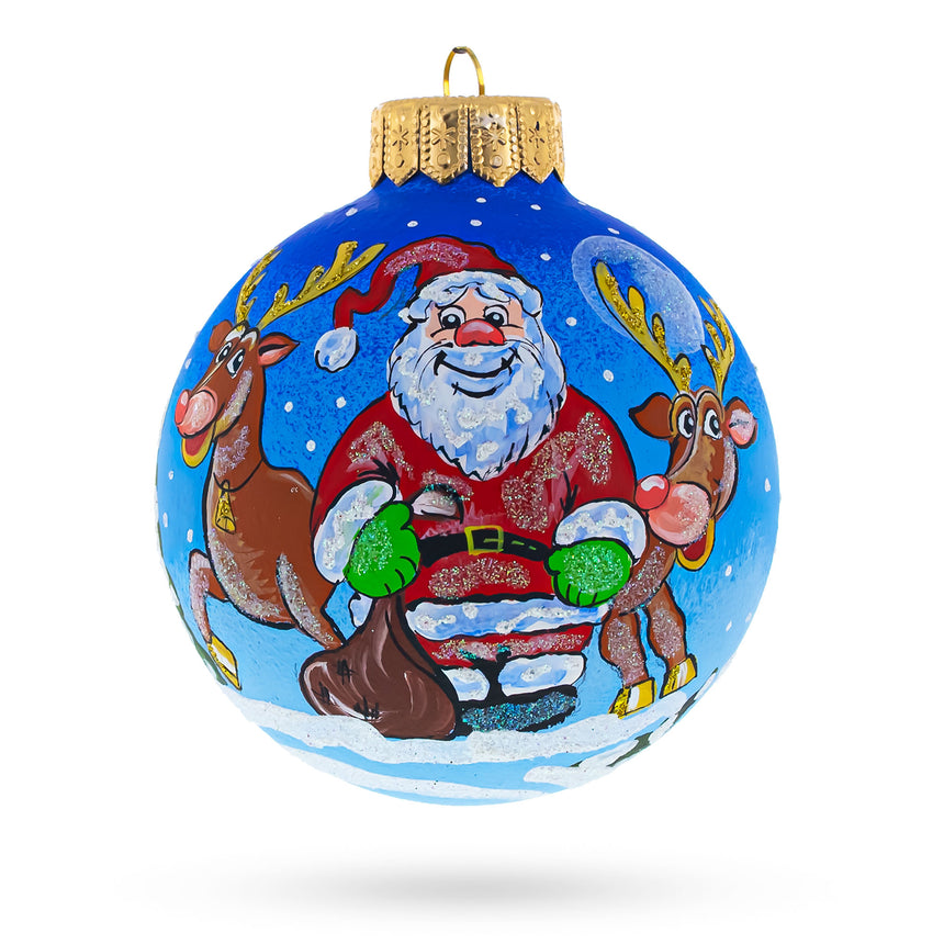 Santa and Reindeer Festive Glass Ball Christmas Ornament 4 Inches in Blue color Round