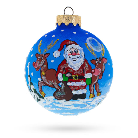 Santa's Sleigh Ride: Santa and Reindeer Festive Blown Glass Ball Christmas Ornament 3.25 Inches in Blue color, Round shape