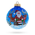 Santa and Reindeer Festive Glass Ball Christmas Ornament 3.25 Inches in Blue color Round