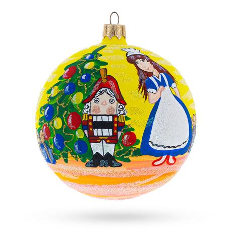 Festive Tale: Nutcracker and Marie by Christmas Tree - Blown Glass Ball Christmas Ornament 4 Inches in Multi color, Round shape