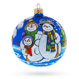 Frosty Bliss: Snowman Family, Husband, Wife, and Child - Blown Glass Ball Christmas Ornament 3.25 Inches in Blue color, Round shape