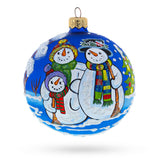 Snowman Family Glass Ball Christmas Ornament 3.25 Inches in Blue color Round