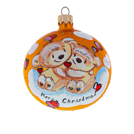Warm Embrace: Merry Christmas from Two Bears in Love - Blown Glass Ball Christmas Ornament 3.25 Inches in Orange color, Round shape