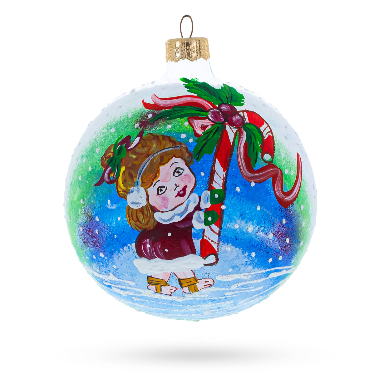 Sweet Holiday: Girl with Candy Cane - Blown Glass Ball Christmas Ornament 4 Inches in White color, Round shape