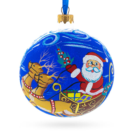 Jolly Santa Riding Sleigh with Reindeer Glass Ball Christmas Ornament 4 Inches in Blue color Round