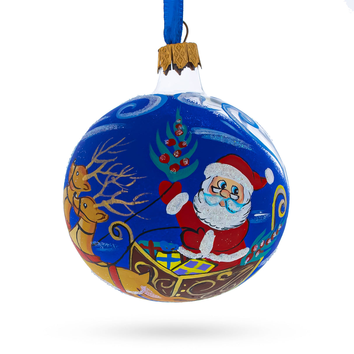 Glass Jolly Santa Riding Sleigh with Reindeer Blown Glass Ball Christmas Ornament 3.25 Inches in Blue color Round