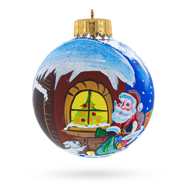 Santa's Enchanting Christmas Night with Reindeer and Gifts - Blown Glass Ball Christmas Ornament 4 Inches in Multi color, Round shape