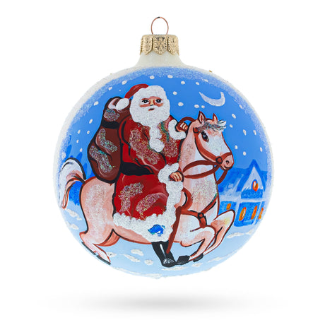 Glass Santa Riding Horse Laden with Gifts Blown Glass Ball Christmas Ornament 4 Inches in White color Round