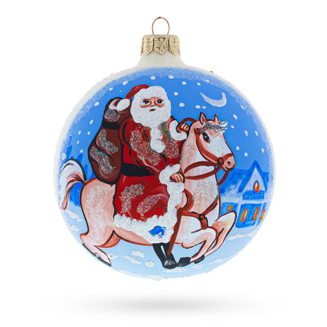 Santa Riding Horse Laden with Gifts Glass Ball Christmas Ornament 4 Inches in White color Round