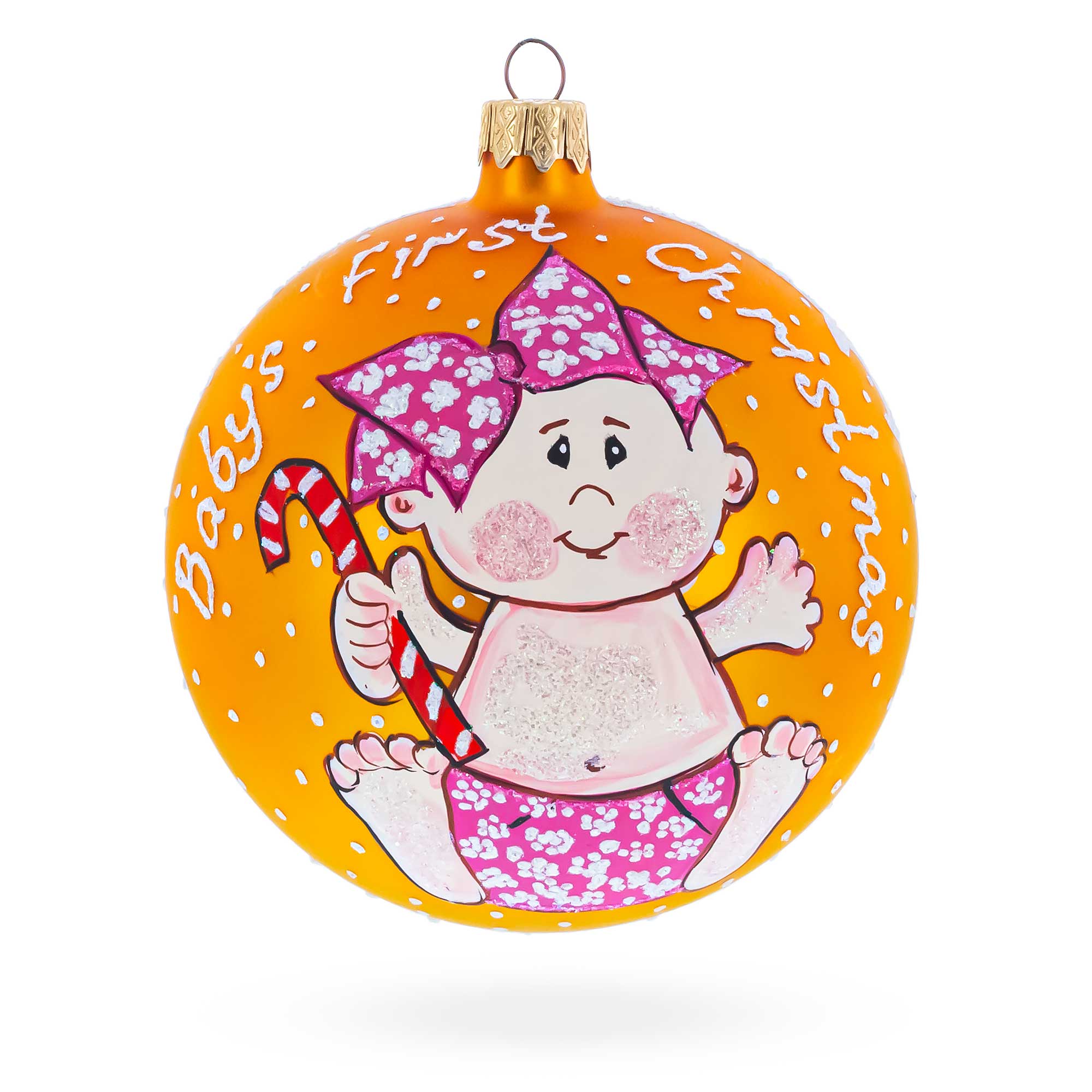 Girl with Candy Cane Glass Ball Baby's First Christmas Ornament 4 Inches in Orange color Round