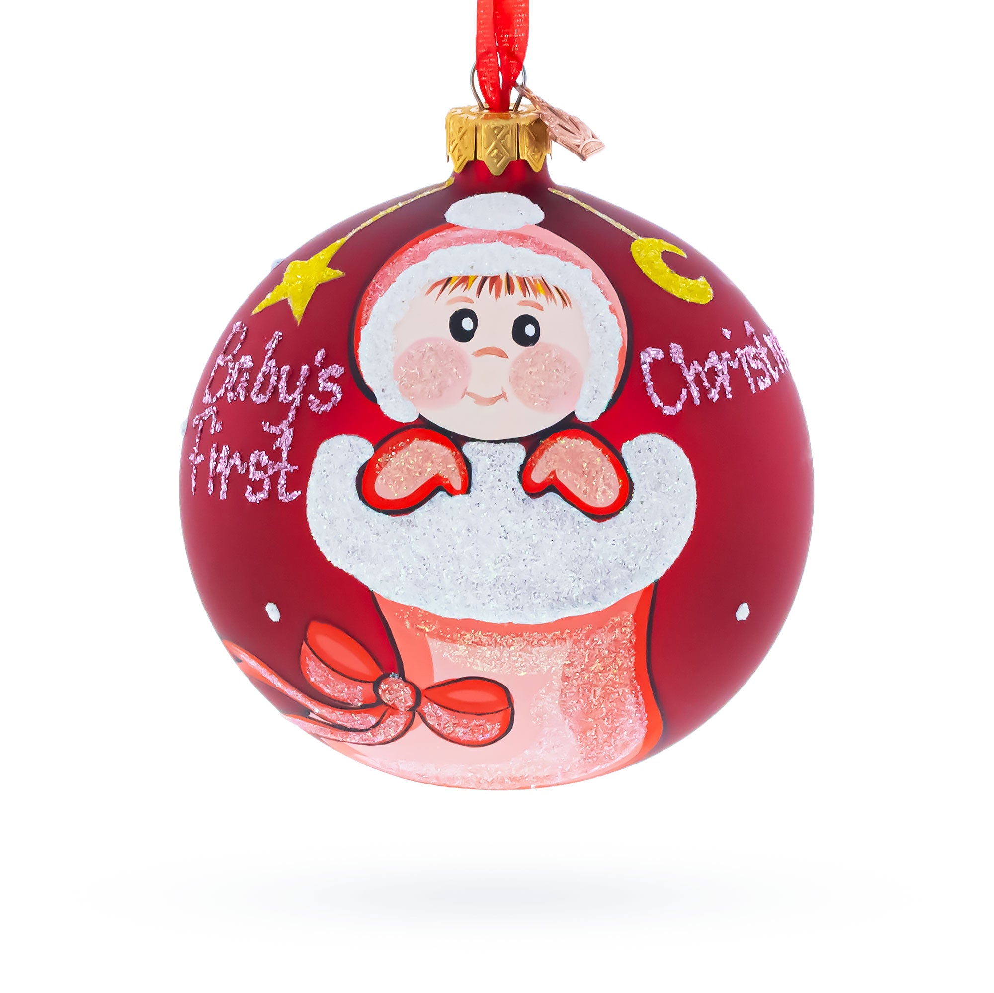 Girl in Festive Christmas Stocking Glass Ball Baby's First Christmas Ornament 4 Inches in Red color Round
