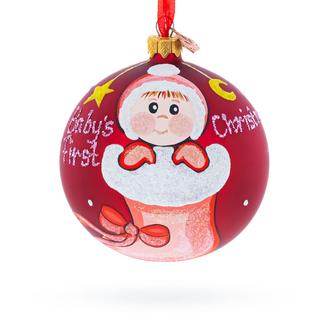 Girl in Festive Christmas Stocking Blown Glass Ball Baby's First Christmas Ornament 4 Inches in Red color Round