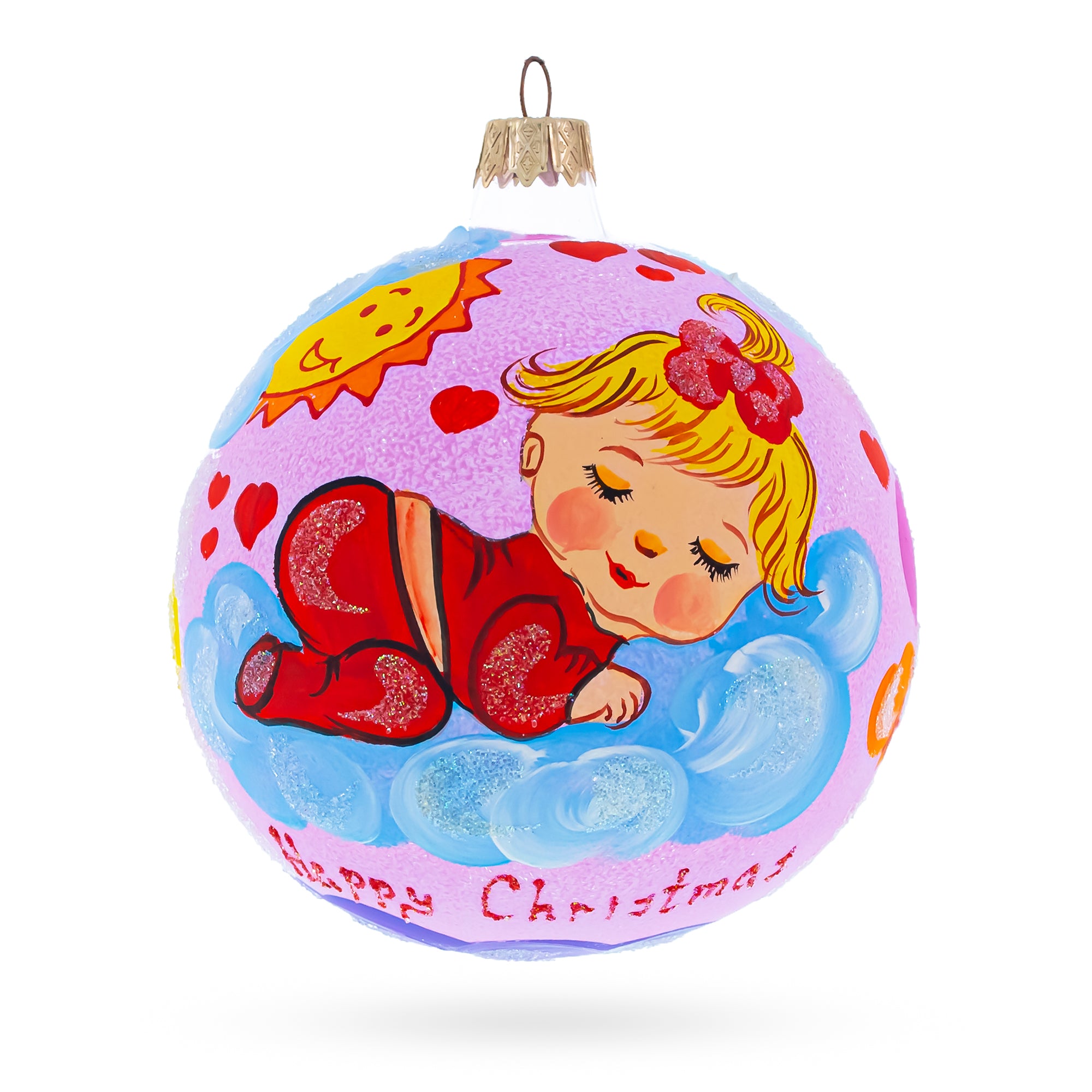 Girl Slumbering on Fluffy Clouds Baby's First Glass Ball Christmas Ornament 4 Inches in Multi color Round