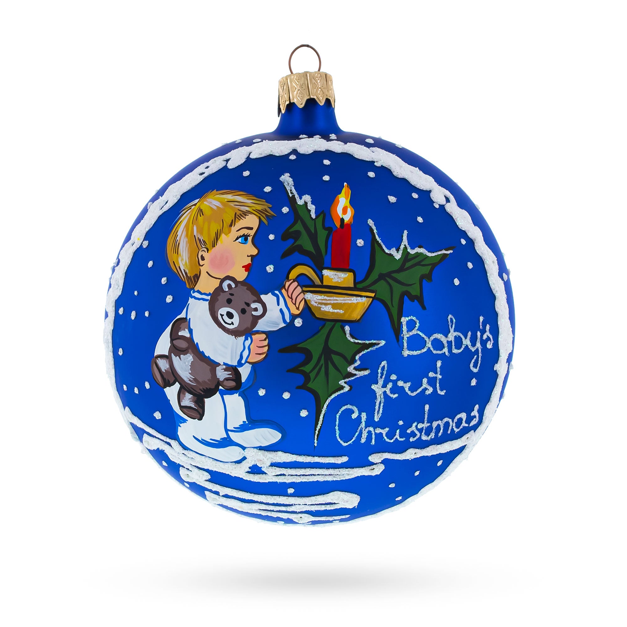 Boy Cuddling Teddy Bear Glass Ball Baby's First Christmas Ornament 4 Inches in Blue color Round