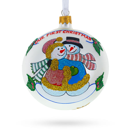 Snowman Duo Blown Glass Ball 'Our First Christmas' Ornament 4 Inches in White color Round