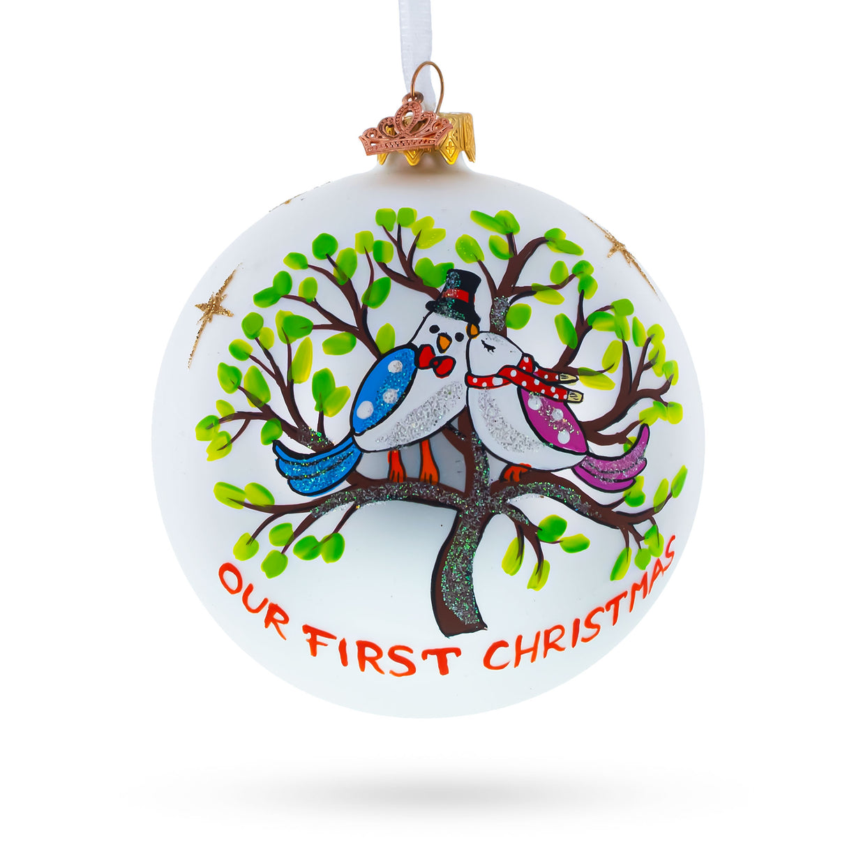 Lovebirds Perched on a Tree Blown Glass Ball 'Our First Christmas' Ornament 4 Inches in White color, Round shape