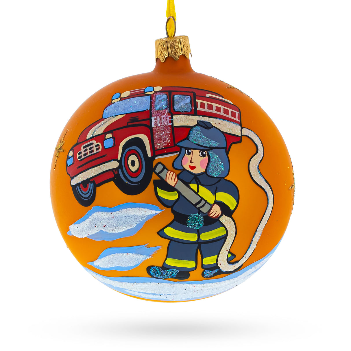 Brave Little Fireman: Hand-Painted Blown Glass Ball Christmas Ornament 4 Inches in Orange color, Round shape