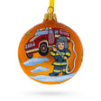 Brave Little Fireman: Hand-Painted Blown Glass Ball Christmas Ornament 3.25 Inches in Orange color, Round shape
