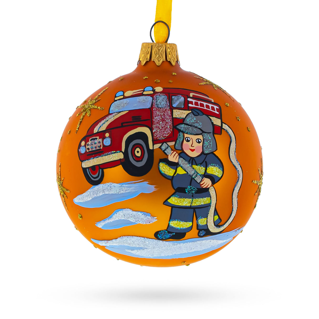 Glass Brave Little Fireman: Hand-Painted Blown Glass Ball Christmas Ornament 3.25 Inches in Orange color Round
