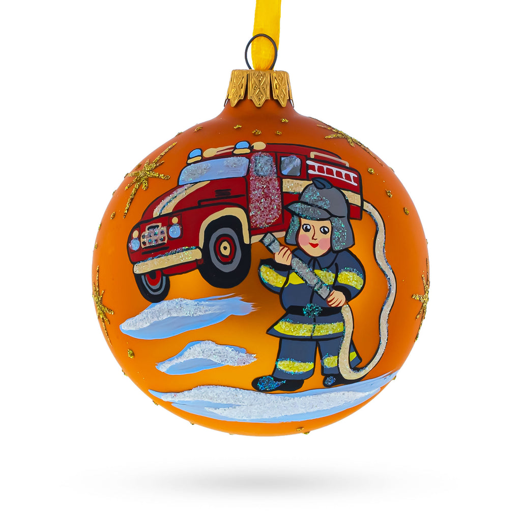 Little Fireman Glass Ball Christmas Ornament 3.25 Inches in Orange color Round